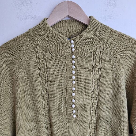 Vintage Crystal-Kobe Cottagecore Green Sweater Pearl Front Mock Turtleneck L - Picture 7 of 7